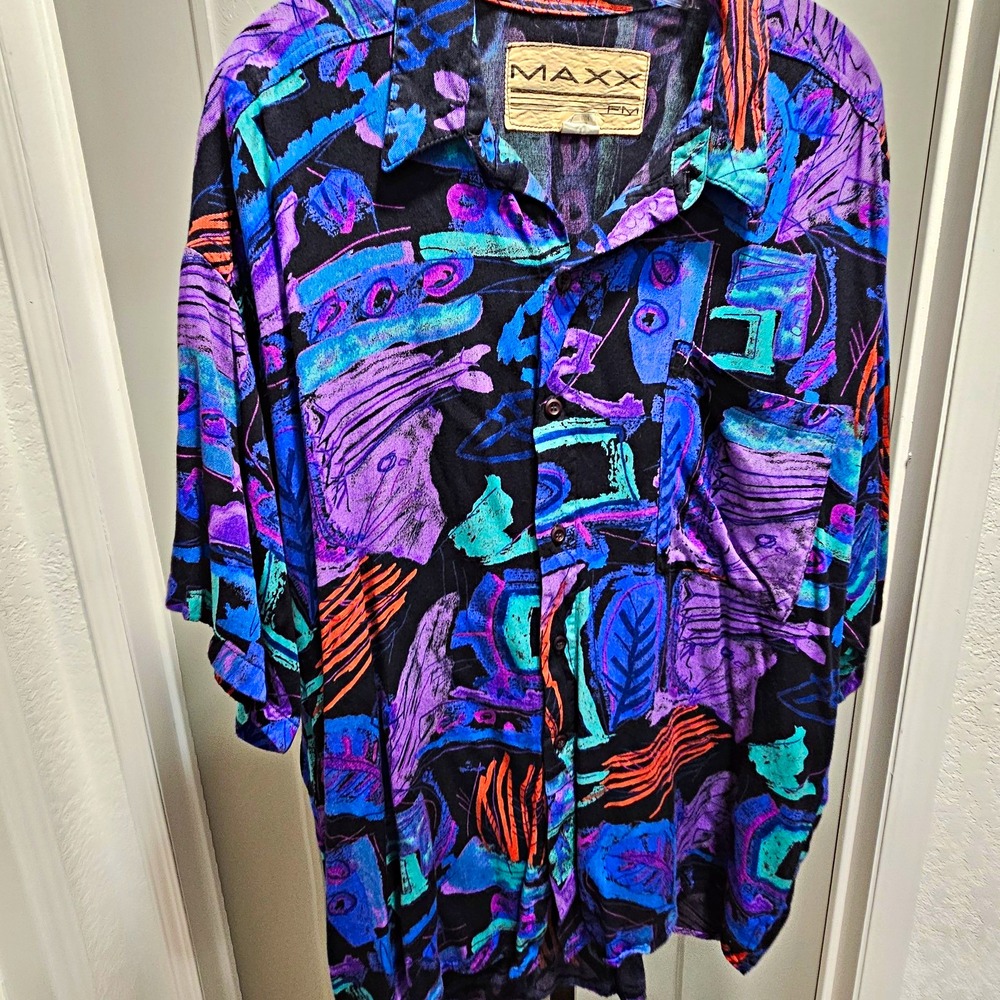 Vintage MAXX FM Men's XL Abstract Print Shirt Retro 80s 90s Purple Blue